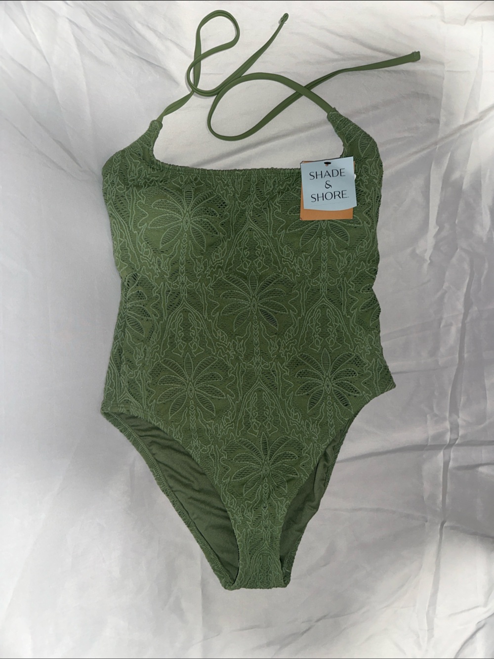 Shade & Shore Olive Lace Halter Tie-Back Crop Top